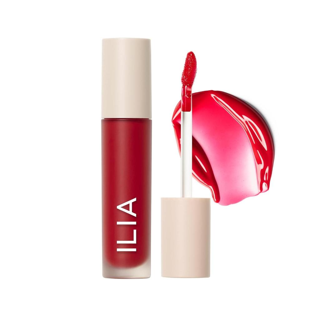 imageILIA Overglaze Hydrating Lip Gloss LongWear NonSticky 24Hour Hydration Smooth Plump Vegan Silicone Gluten NanoparticlesFree ClayFlamb Vivid Red
